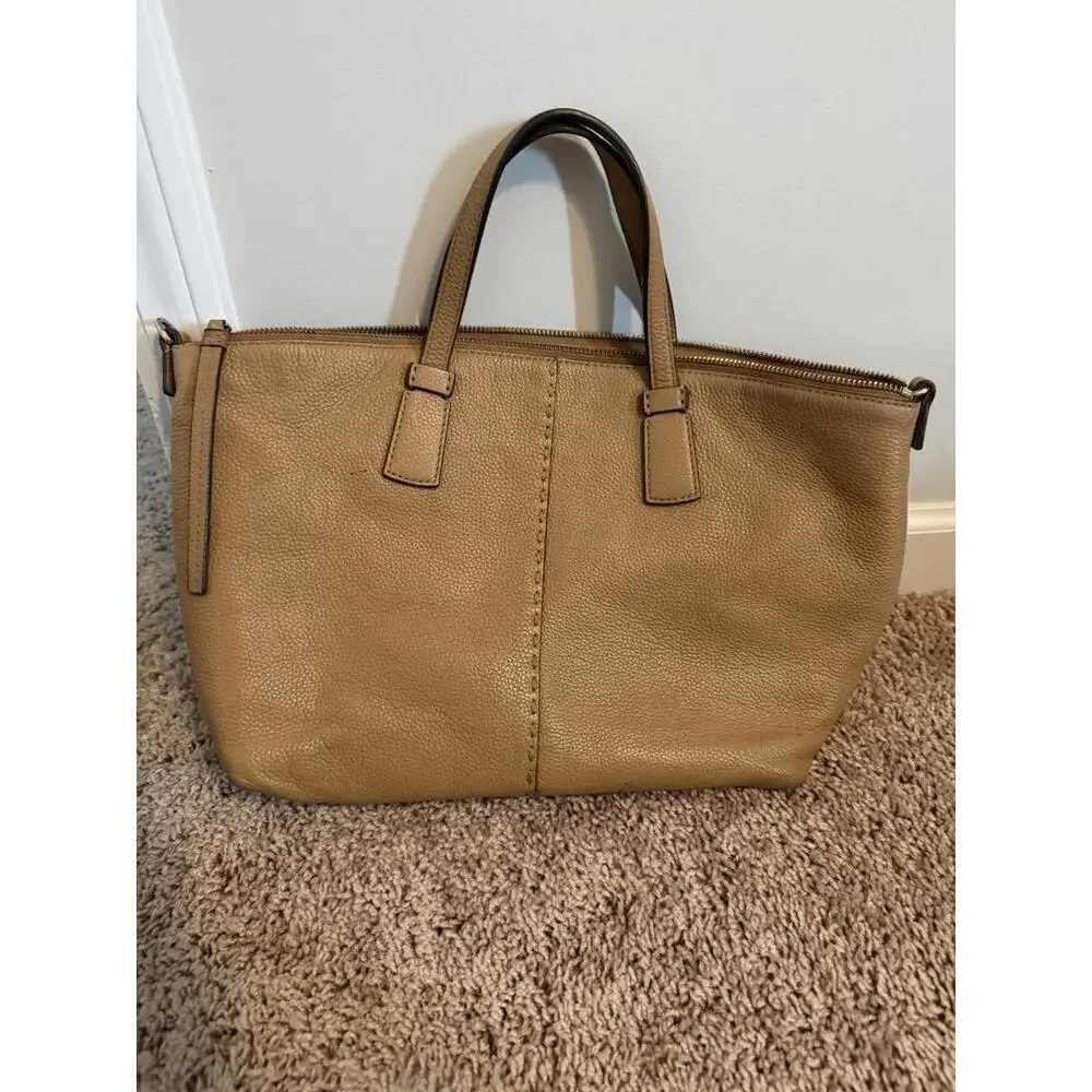 Tory Burch McGraw Cream Pebbled Leather Top Zip Satchel Crossbody Bag